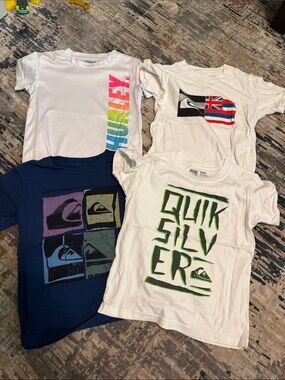 Quiksilver Kids White Tee with Green Neon Text & Rainbow Vertical Logo